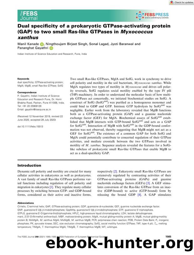 Dual specificity of a prokaryotic GTPaseâactivating protein (GAP) to two small Rasâlike GTPases in Myxococcus xanthus by Unknown