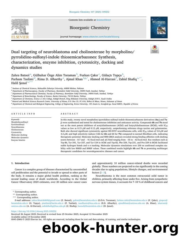 Dual targeting of neuroblastoma and cholinesterase by morpholinopyrrolidino-sulfonyl-indole thiosemicarbazones: Synthesis, characterization, enzyme inhibition, cytotoxicity, dockin by unknow