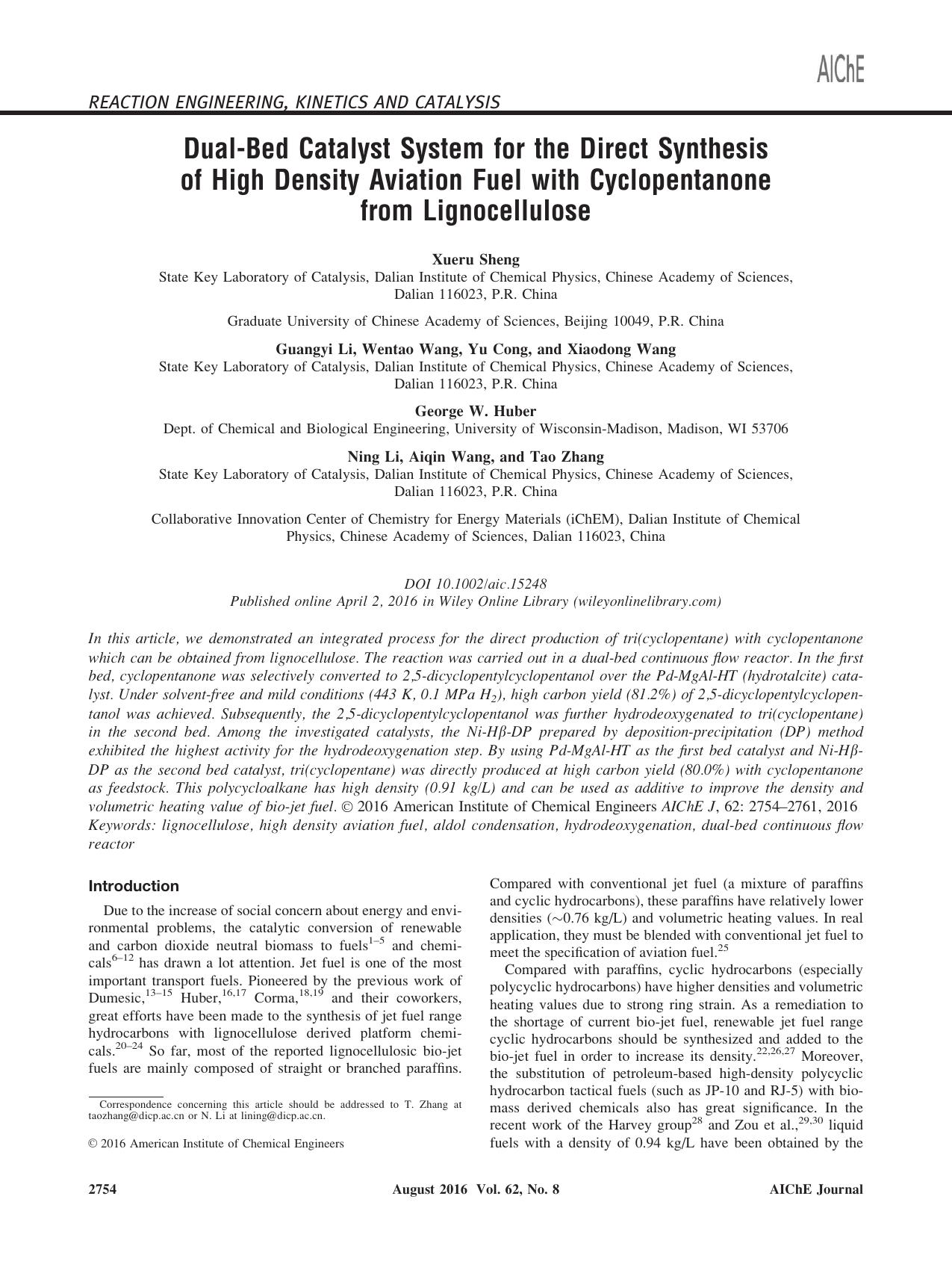 Dual‐Bed Catalyst System for the Direct Synthesis of High Density Aviation Fuel with Cyclopentanone from Lignocellulose by Unknown