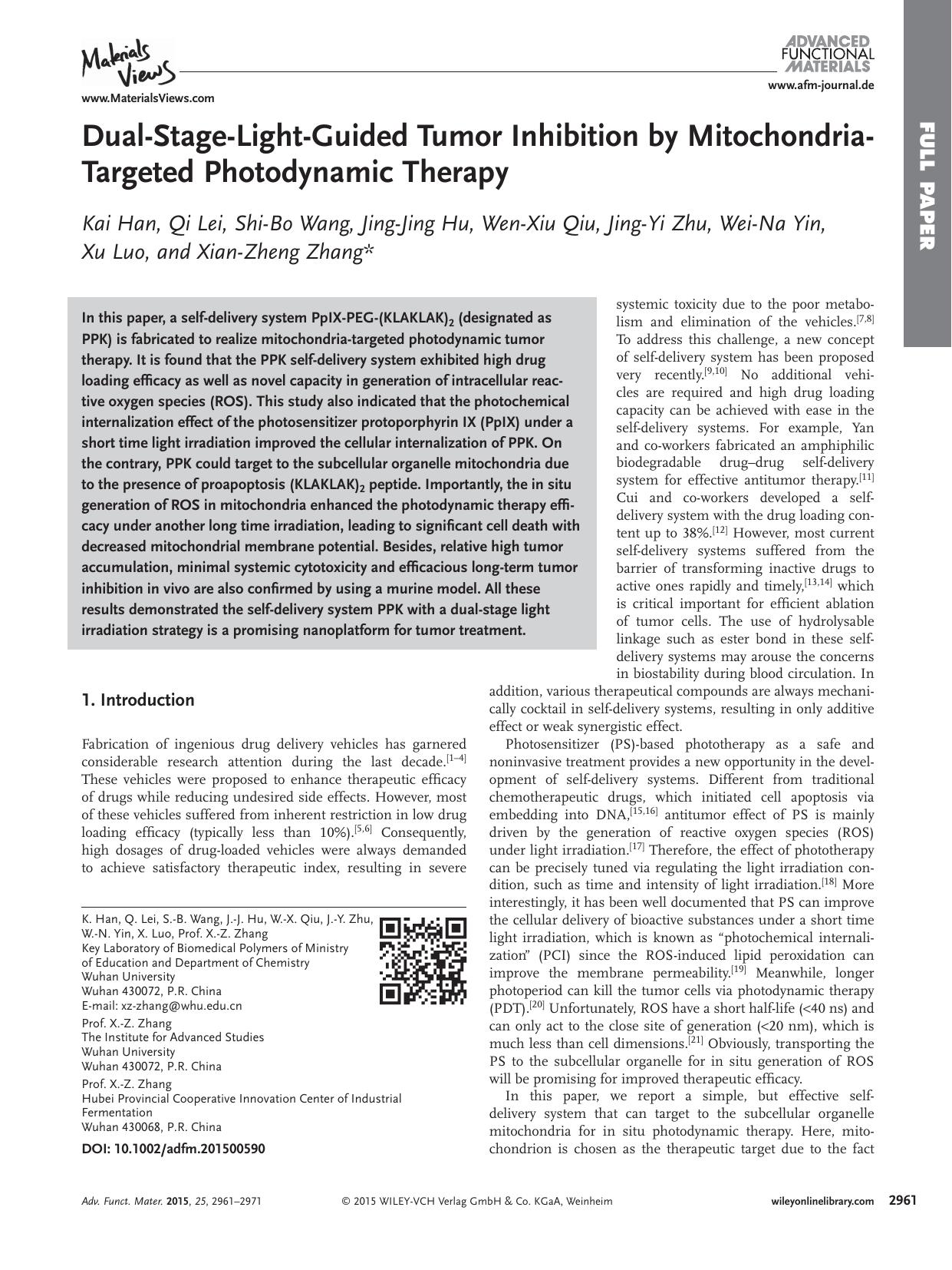 Dual&#x02010;Stage&#x02010;Light&#x02010;Guided Tumor Inhibition by Mitochondria&#x02010;Targeted Photodynamic Therapy by Unknown
