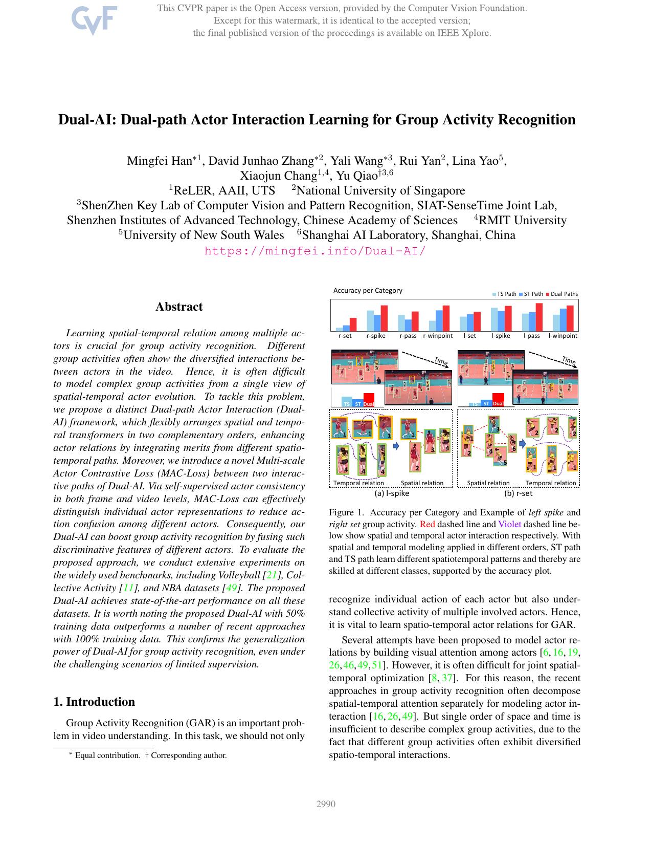 Dual-AI: Dual-Path Actor Interaction Learning for Group Activity Recognition by Mingfei Han & David Junhao Zhang & Yali Wang & Rui Yan & Lina Yao & Xiaojun Chang & Yu Qiao