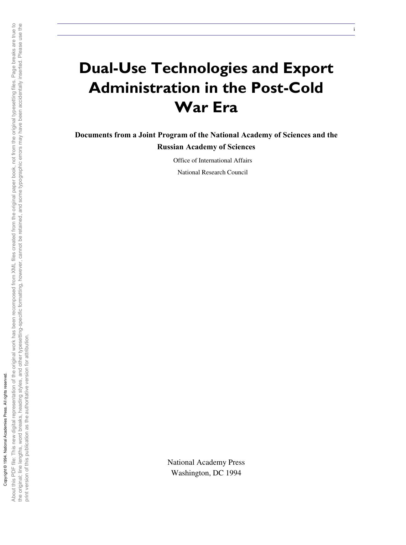 Dual-Use Technologies and Export Control in the Post-Cold War Era by unknow