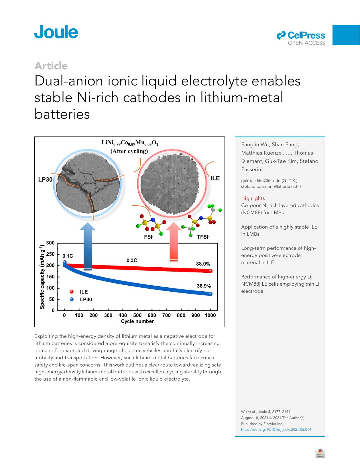 Dual-anion ionic liquid electrolyte enables stable Ni-rich cathodes in lithium-metal batteries by unknow