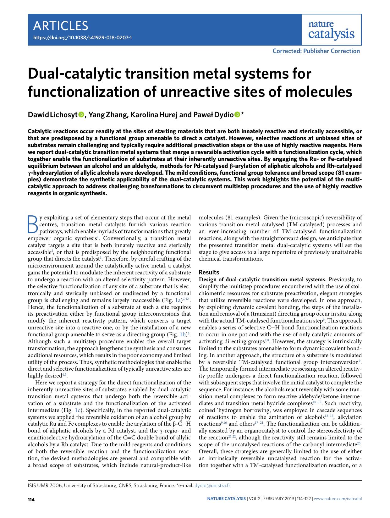 Dual-catalytic transition metal systems for functionalization of unreactive sites of molecules by Dawid Lichosyt & Yang Zhang & Karolina Hurej & Paweł Dydio