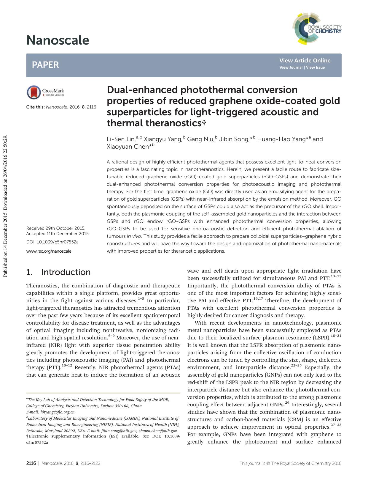 Dual-enhanced photothermal conversion properties of reduced graphene oxide-coated gold superparticles for light-triggered acoustic and thermal theranostics by Li-Sen Lin Xiangyu Yang Gang Niu Jibin Song Huang-Hao Yang Xiaoyuan Chen