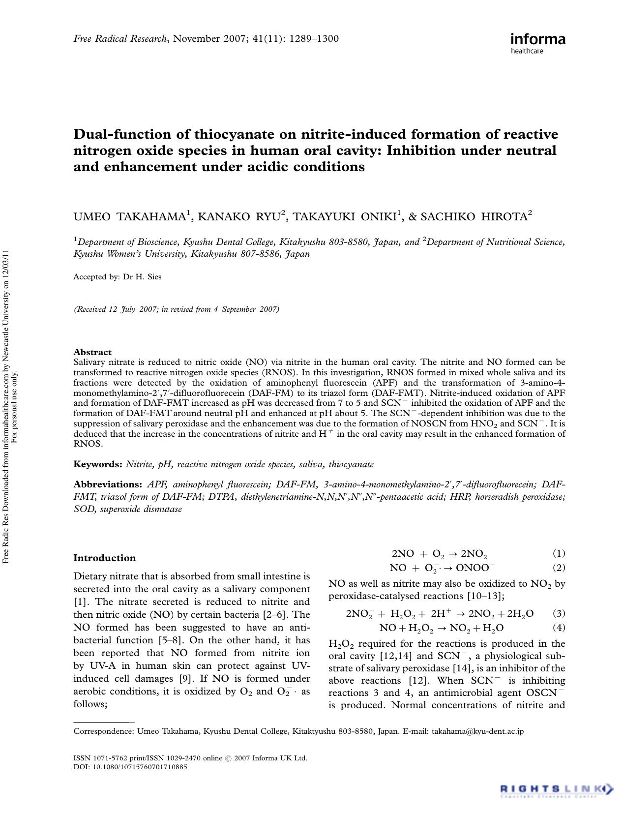 Dual-function of thiocyanate on nitrite-induced formation of reactive nitrogen oxide species in human oral cavity: Inhibition under neutral and enhancement under acidic conditions by Umeo Takahama1† Kanako Ryu2 Takayuki Oniki1 & Sachiko Hirota2