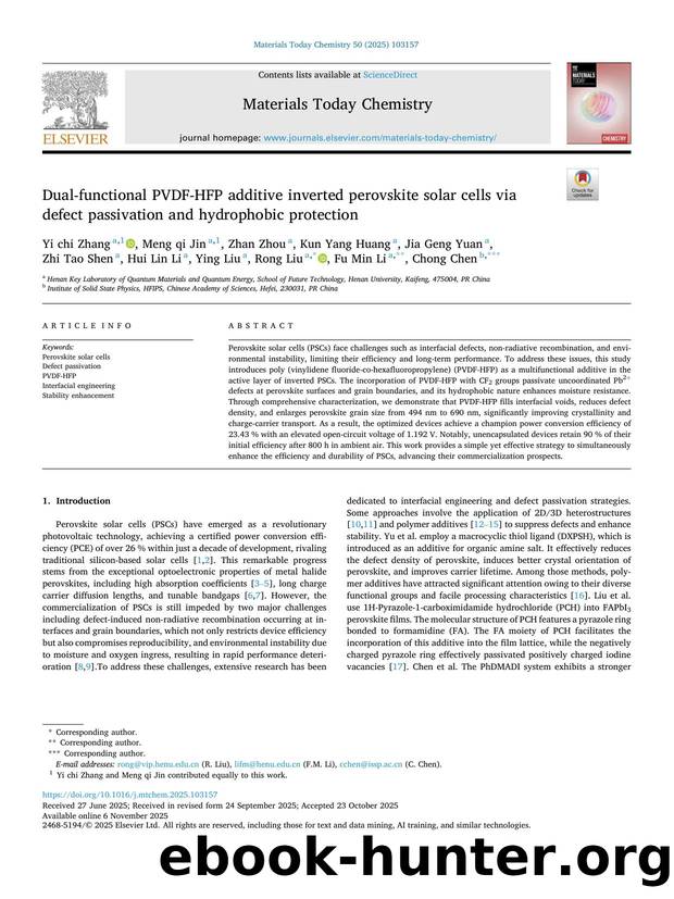 Dual-functional PVDF-HFP additive inverted perovskite solar cells via defect passivation and hydrophobic protection by unknow