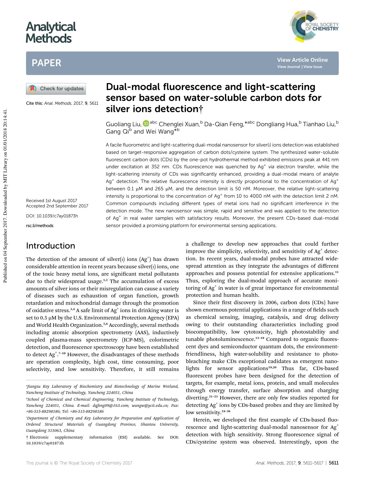 Dual-modal fluorescence and light-scattering sensor based on water-soluble carbon dots for silver ions detection by Guoliang Liu & Chenglei Xuan & Da-Qian Feng & Dongliang Hua & Tianhao Liu & Gang Qi & Wei Wang