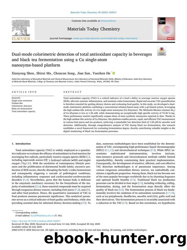 Dual-mode colorimetric detection of total antioxidant capacity in beverages and black tea fermentation using a Cu single-atom nanozyme-based platform by Xianyong Shen & Shirui Ma & Chuncan Song & Jian Sun & Yuezhen He