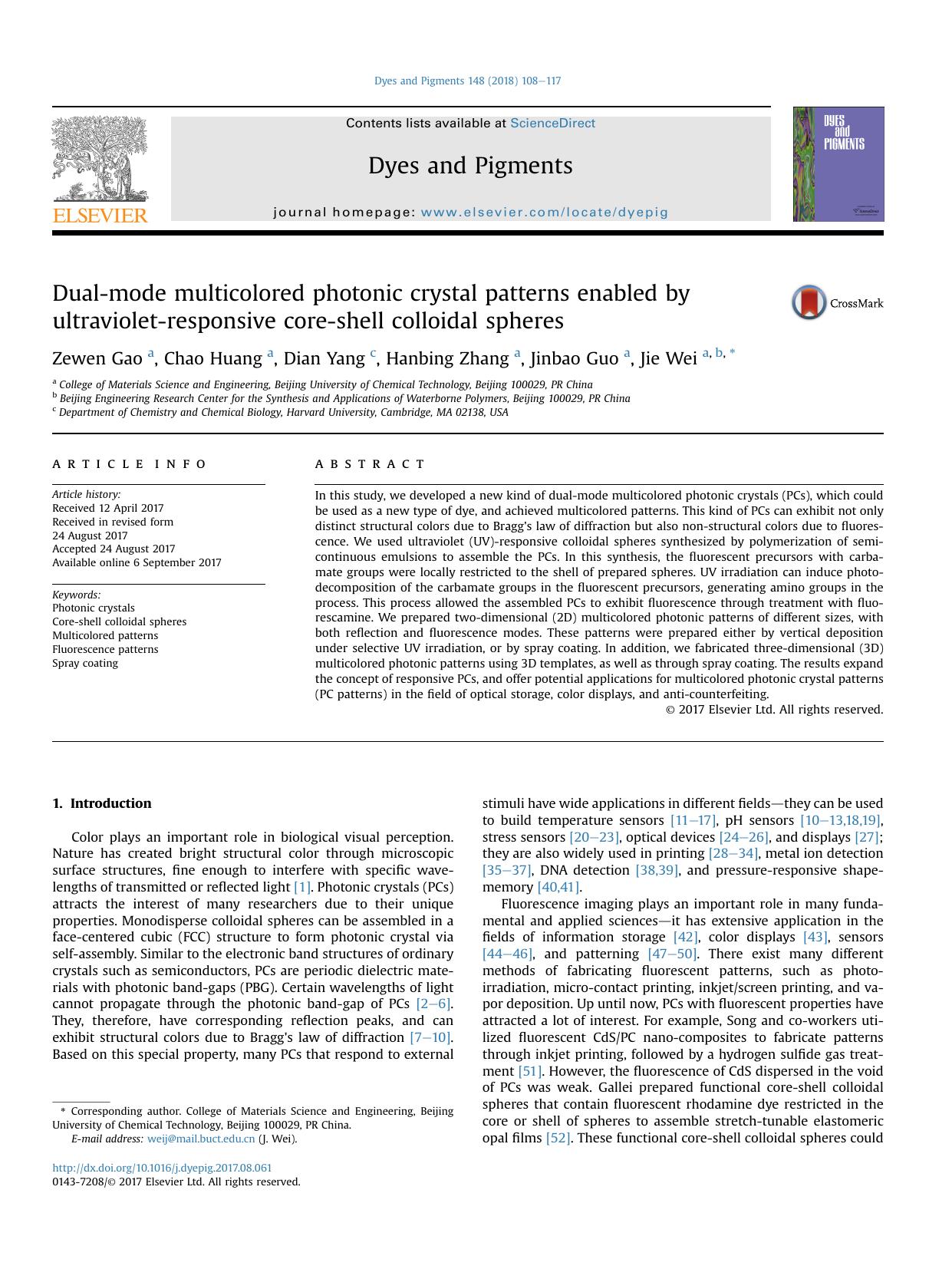 Dual-mode multicolored photonic crystal patterns enabled by ultraviolet-responsive core-shell colloidal spheres by Zewen Gao & Chao Huang & Dian Yang & Hanbing Zhang & Jinbao Guo & Jie Wei