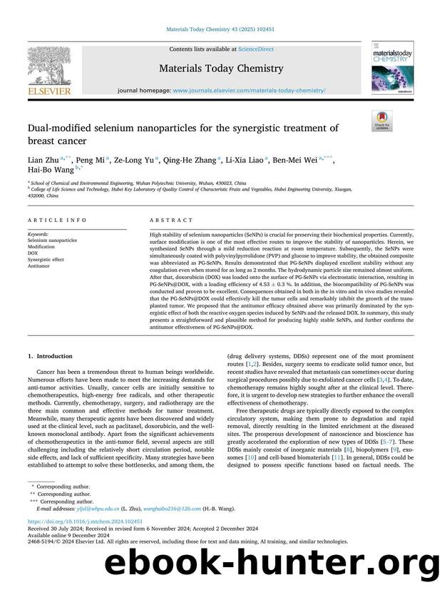 Dual-modified selenium nanoparticles for the synergistic treatment of breast cancer by Lian Zhu & Peng Mi & Ze-Long Yu & Qing-He Zhang & Li-Xia Liao & Ben-Mei Wei & Hai-Bo Wang