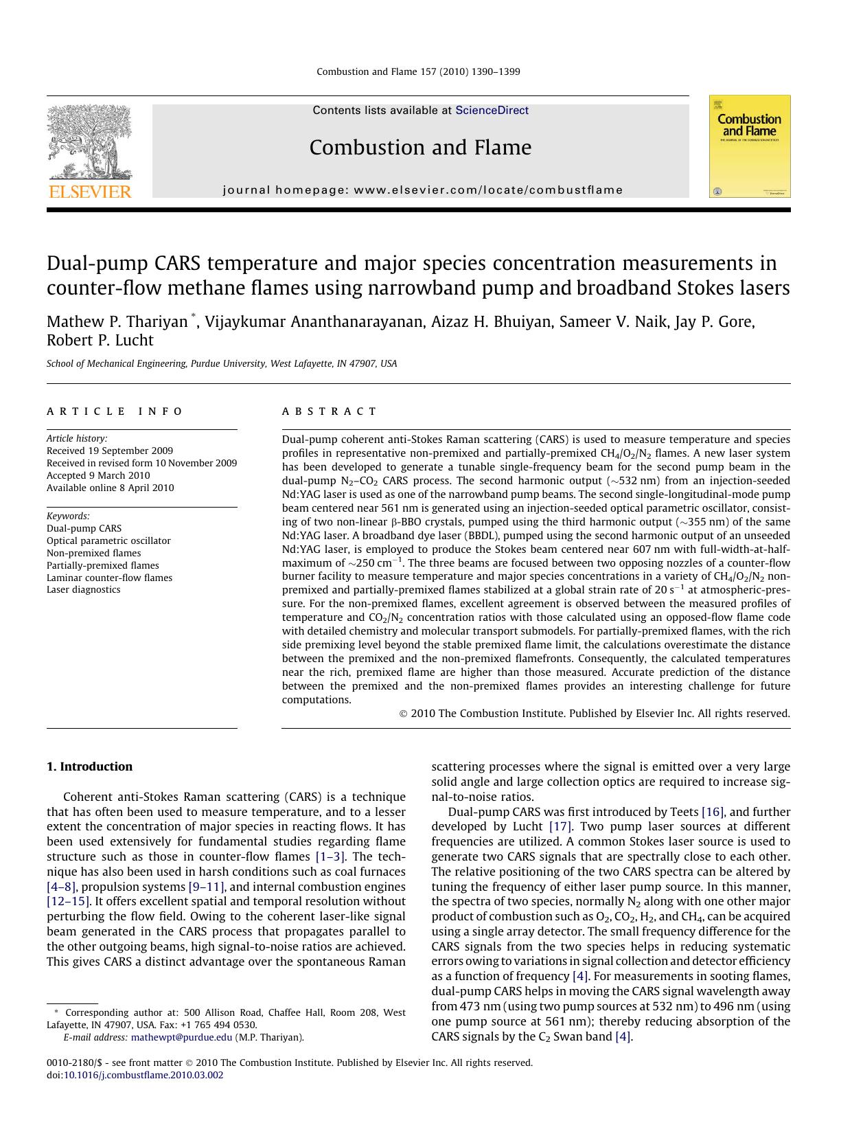 Dual-pump CARS temperature and major species concentration measurements in counter-flow methane flames using narrowband pump and broadband Stokes lasers by unknow