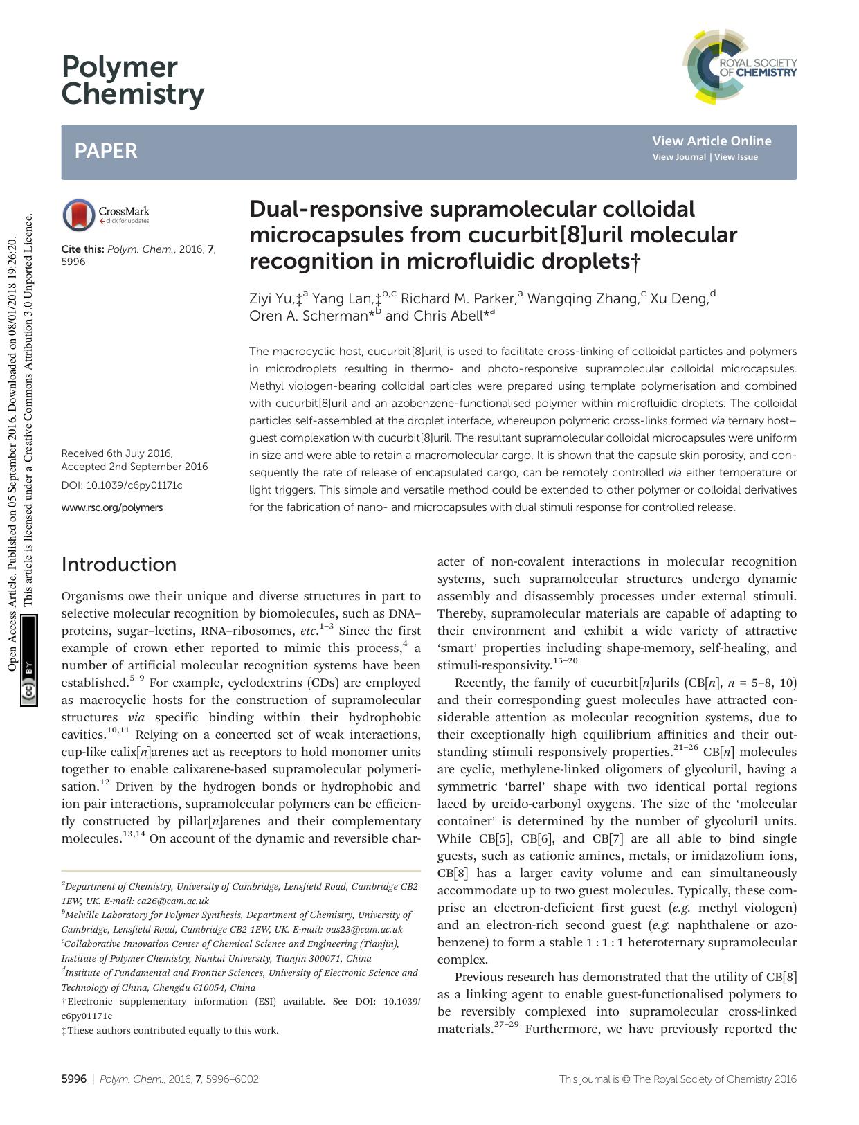 Dual-responsive supramolecular colloidal microcapsules from cucurbit[8]uril molecular recognition in microfluidic droplets by Ziyi Yu Yang Lan Richard M. Parker Wangqing Zhang Xu Deng Oren A. Scherman Chris Abell
