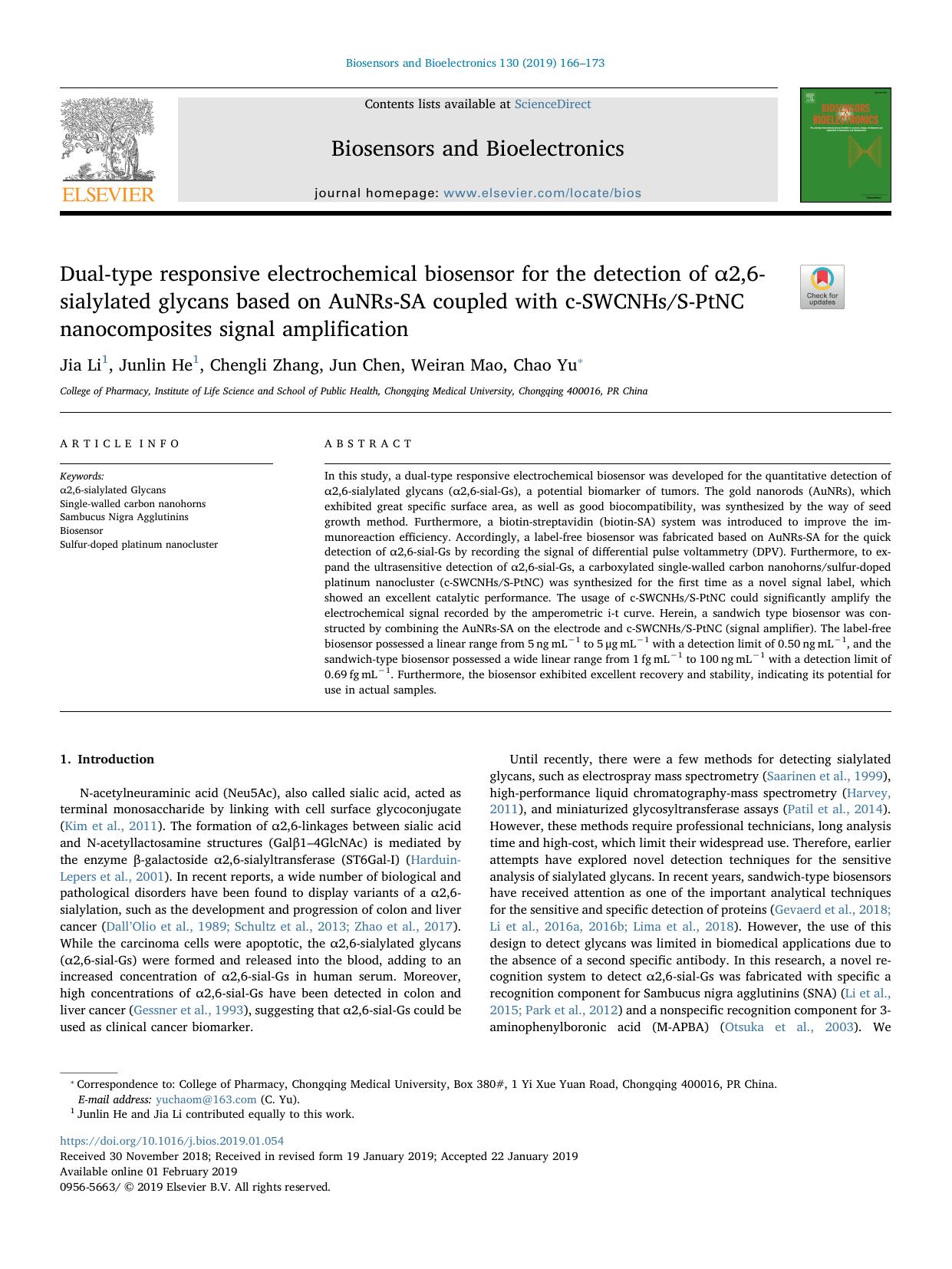 Dual-type responsive electrochemical biosensor for the detection of Î±2,6-sialylated glycans based on AuNRs-SA coupled with c-SWCNHsS-PtNC nanocomposites signal amplification by Jia Li & Junlin He & Chengli Zhang & Jun Chen & Weiran Mao & Chao Yu