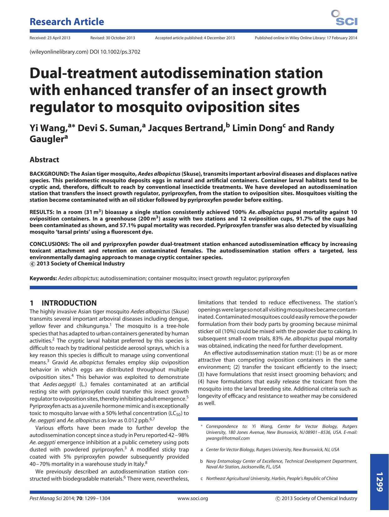 Dualtreatment autodissemination station with enhanced transfer of an insect growth regulator to mosquito oviposition sites by Unknown