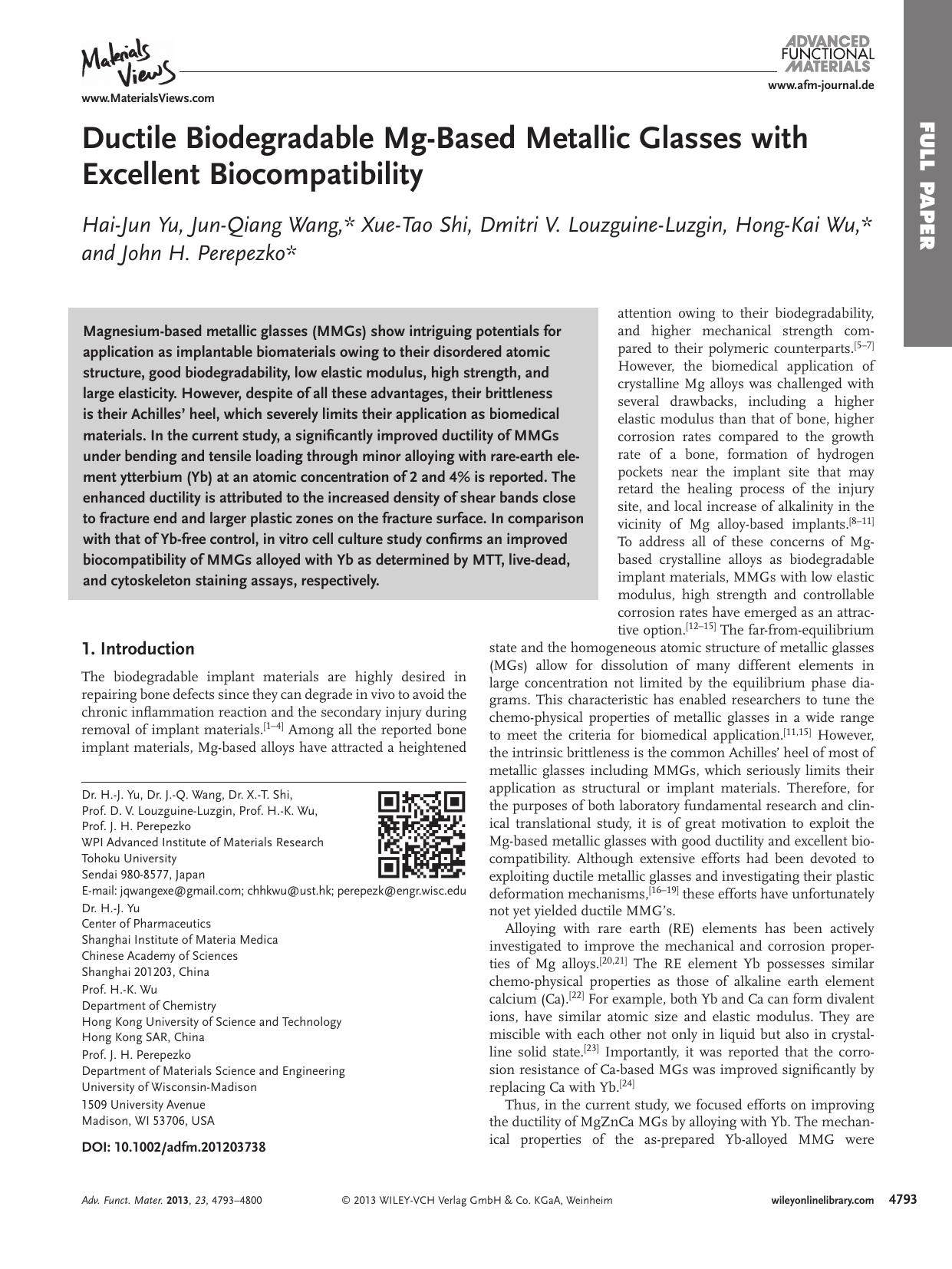 Ductile Biodegradable MgBased Metallic Glasses with Excellent Biocompatibility by s-w-270