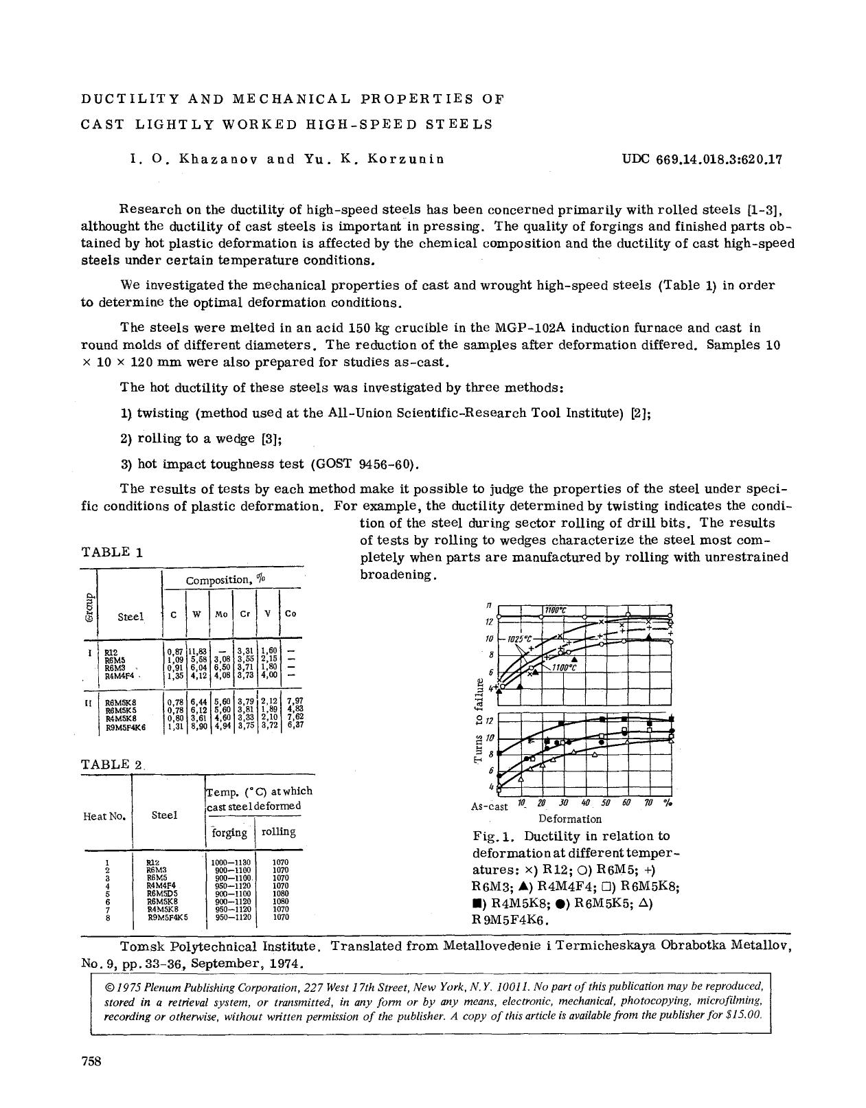 Ductility and mechanical properties of cast lightl worked high-speed steels by Unknown