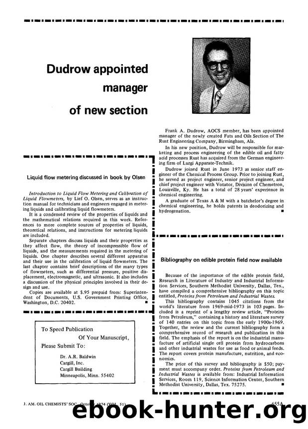 Dudrow appointed manager of new section Liquid flow metering discussed in book by Olsen Bibliography on edible protein field now abailable by Unknown