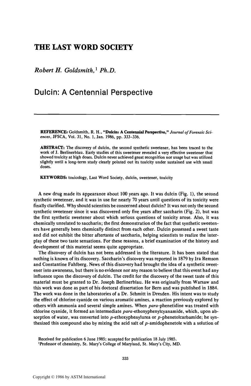 Dulcin: A Centennial Perspective by Goldsmith RH