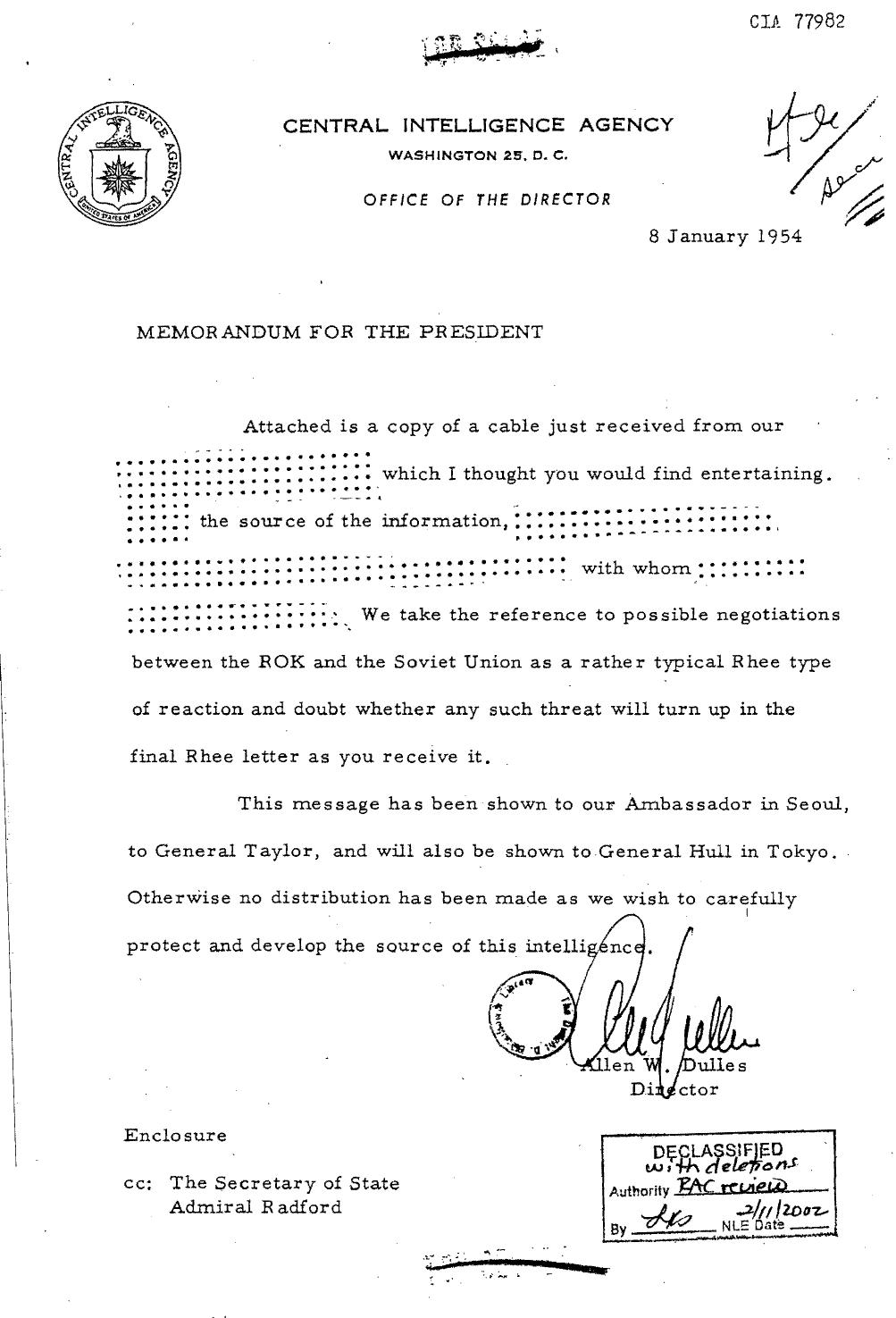 Dulles to Eisenhower Memo on attached cable on Rhee's reaction by Unknown