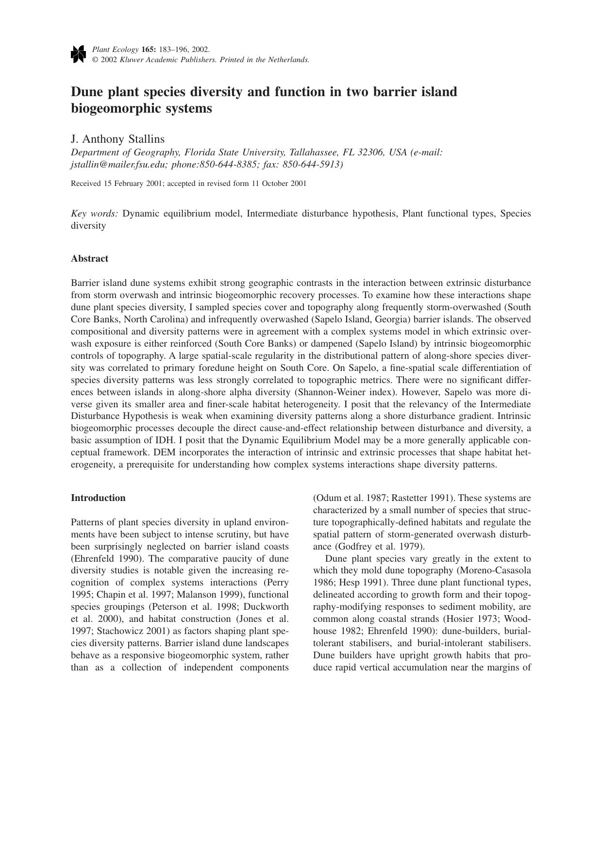 Dune plant species diversity and function in two barrier island biogeomorphic systems by Unknown