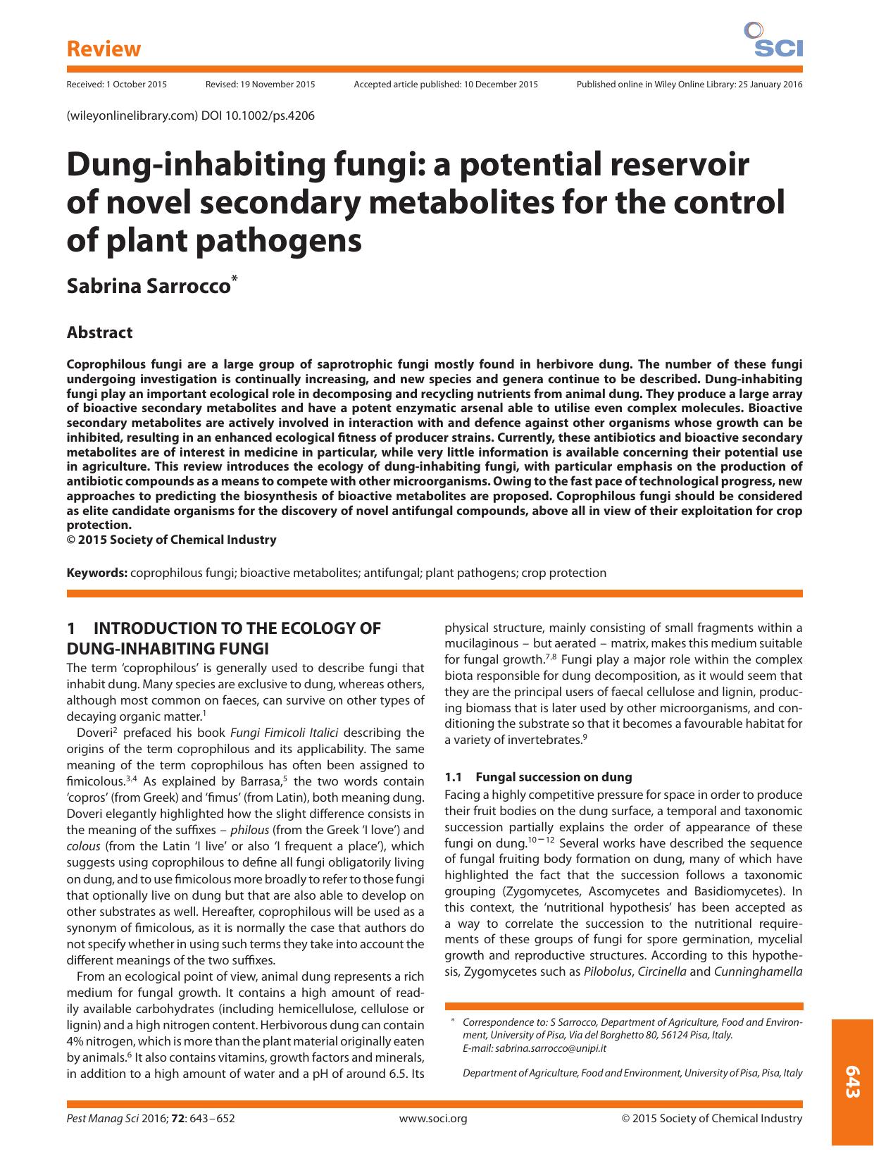 Dung-inhabiting fungi: a potential reservoir of novel secondary metabolites for the control of plant pathogens by Unknown