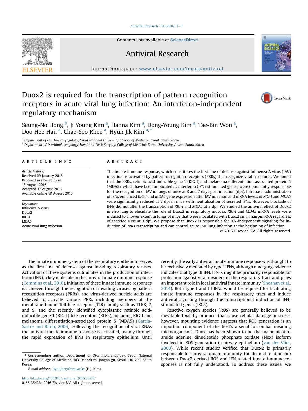 Duox2 is required for the transcription of pattern recognition receptors in acute viral lung infection: An interferon-independent regulatory mechanism by unknow