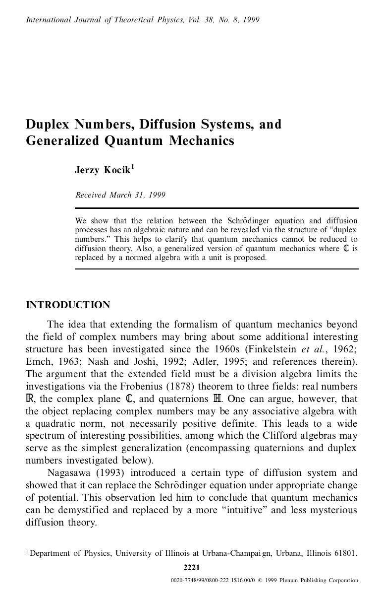 Duplex Numbers, Diffusion Systems, and Generalized Quantum Mechanics by Unknown