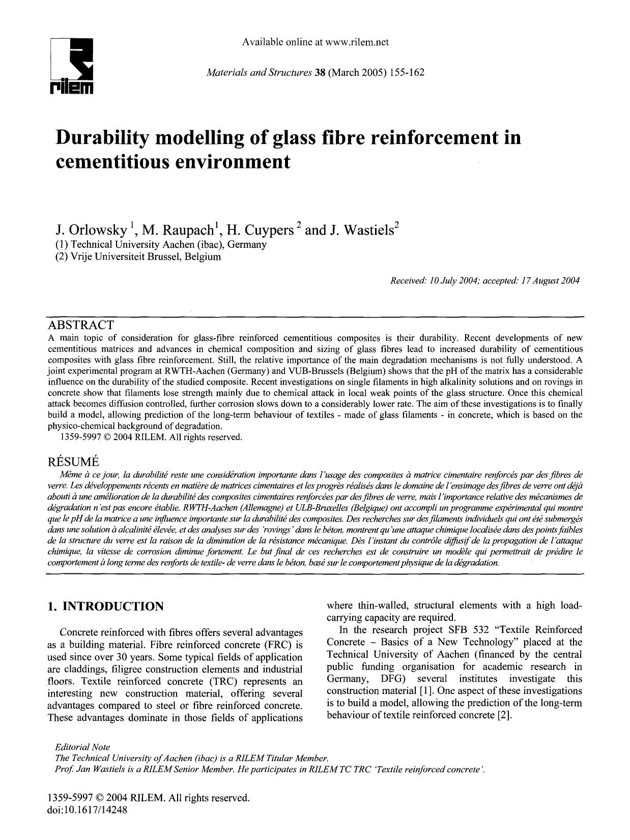 Durability modelling of glass fibre reinforcement in cementitious environment by Unknown