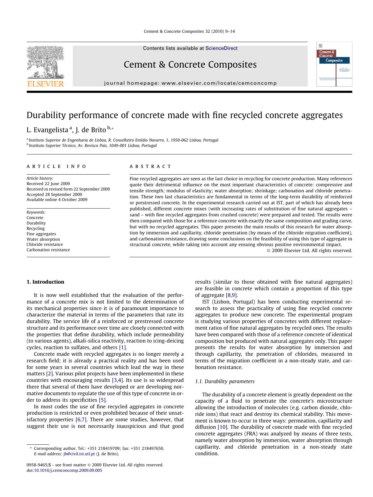 Durability performance of concrete made with fine recycled concrete aggregates by L. Evangelista; J. de Brito