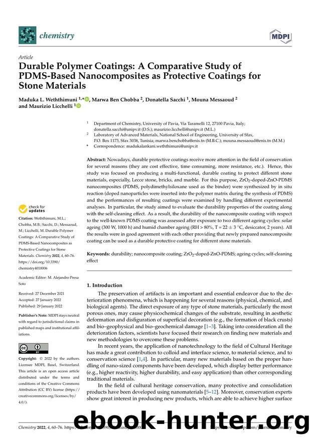 Durable Polymer Coatings: A Comparative Study of PDMS-Based Nanocomposites as Protective Coatings for Stone Materials by Maduka L. Weththimuni Marwa Ben Chobba Donatella Sacchi Mouna Messaoud & Maurizio Licchelli