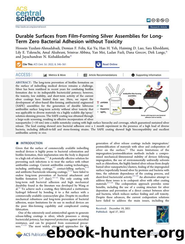 Durable Surfaces from Film-Forming Silver Assemblies for Long-Term Zero Bacterial Adhesion without Toxicity by unknow