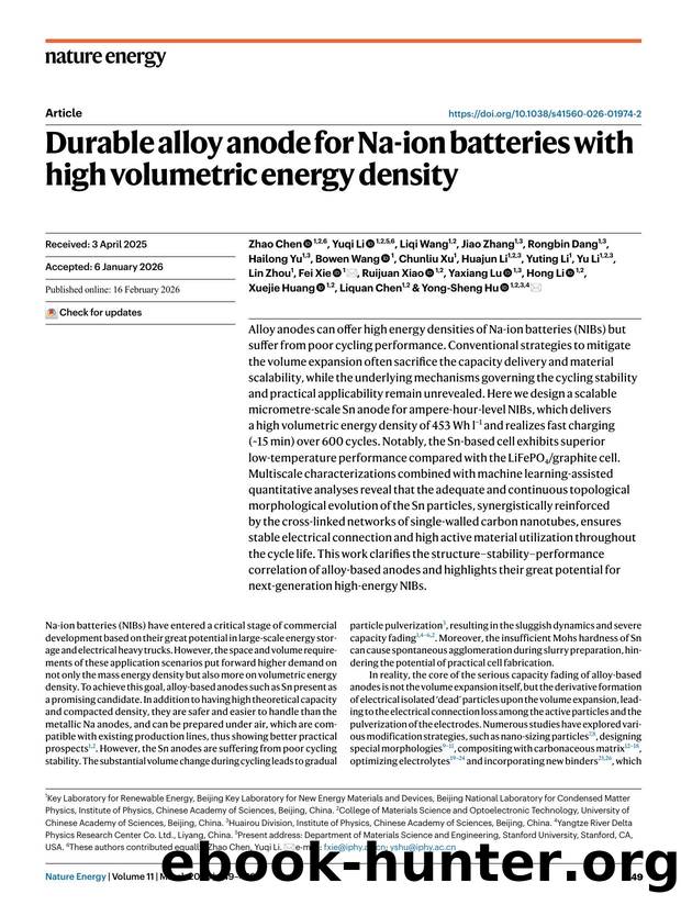 Durable alloy anode for Na-ion batteries with high volumetric energy density by unknow