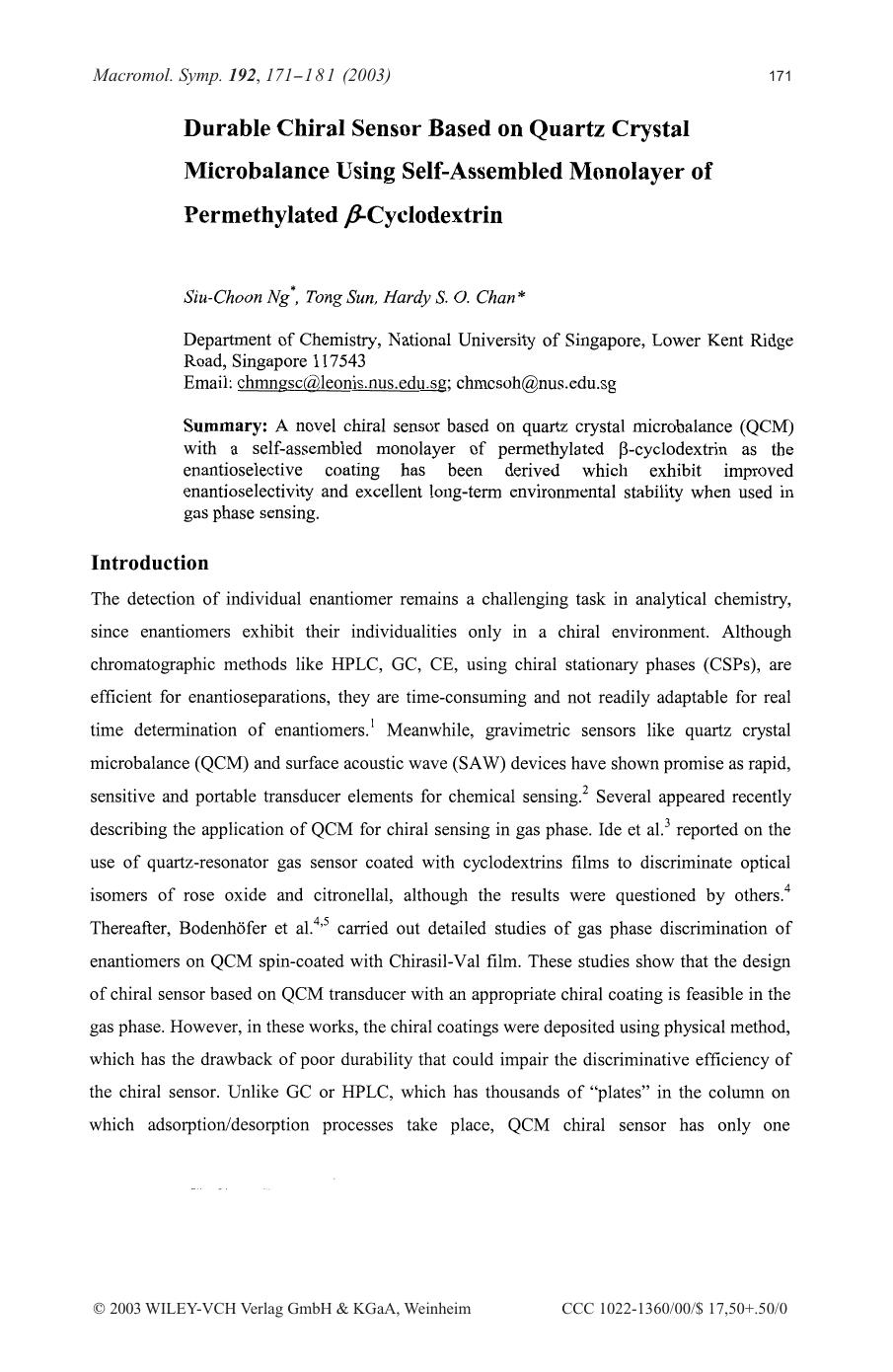 Durable chiral sensor based on quartz crystal microbalance using self-assembled monolayer of permethylated [bgr]-cyclodextrin by Unknown
