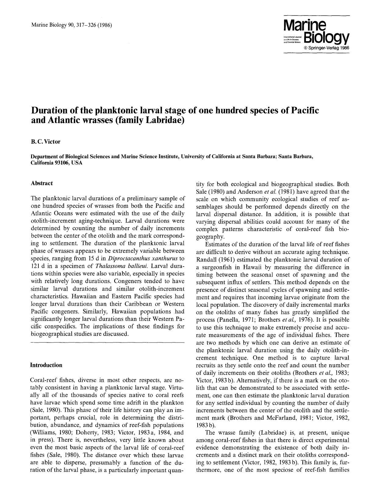 Duration of the planktonic larval stage of one hundred species of Pacific and Atlantic wrasses (family Labridae) by Unknown