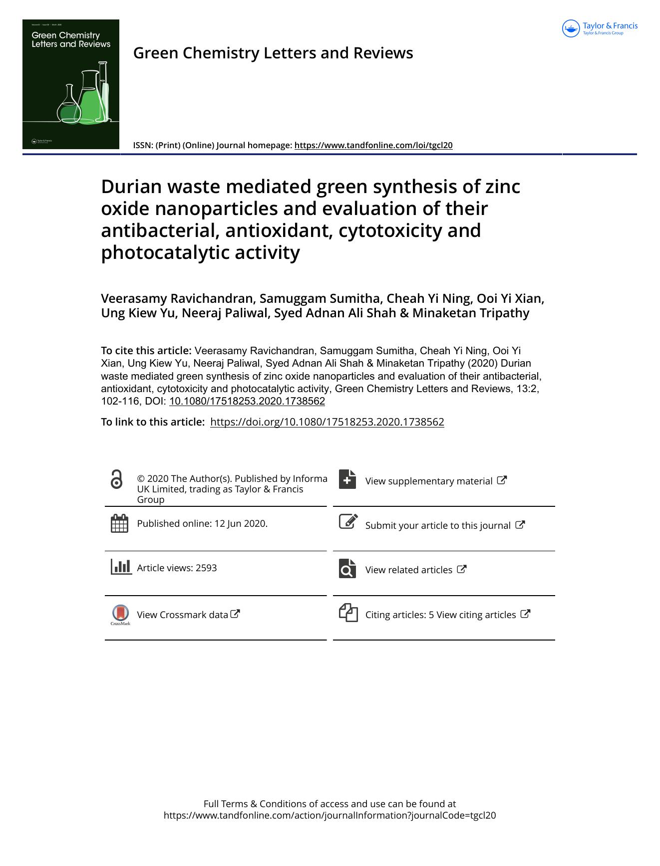 Durian waste mediated green synthesis of zinc oxide nanoparticles and evaluation of their antibacterial, antioxidant, cytotoxicity and photocatalytic activity by unknow