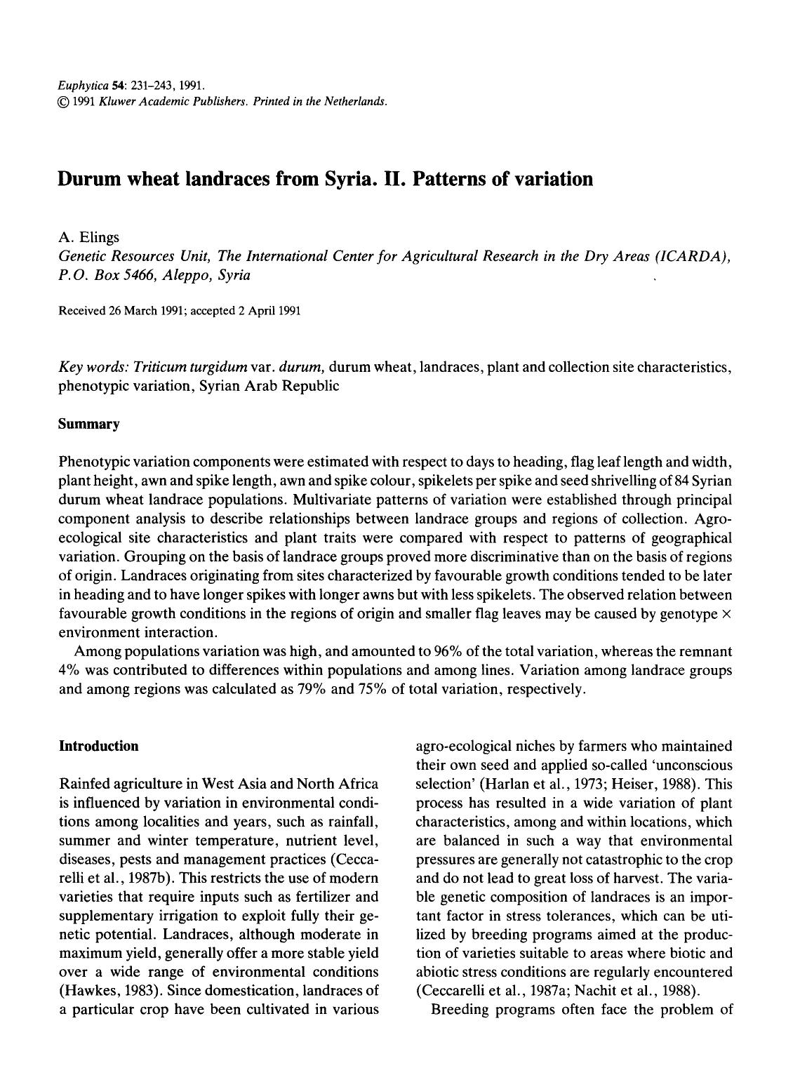 Durum wheat landraces from syria. II. patterns of variation by Unknown