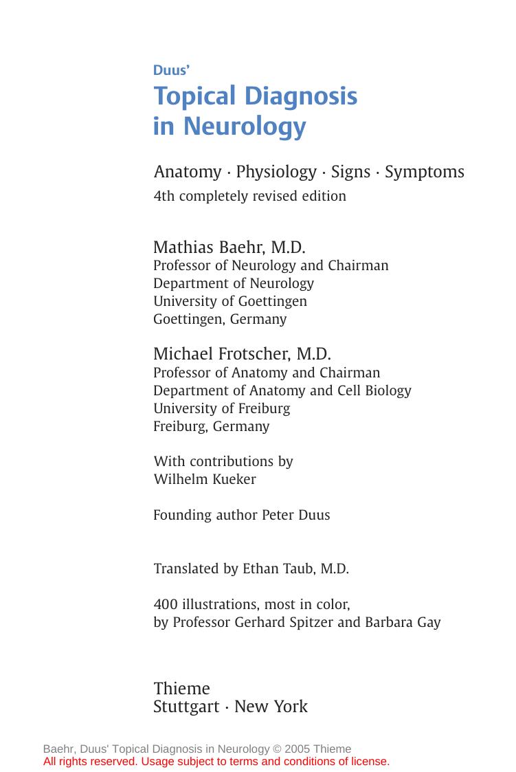 Duus' Topical Diagnosis in Neurology: Anatomy, Physiology, Signs, Symptoms by Mathias Baehr Michael Frotscher
