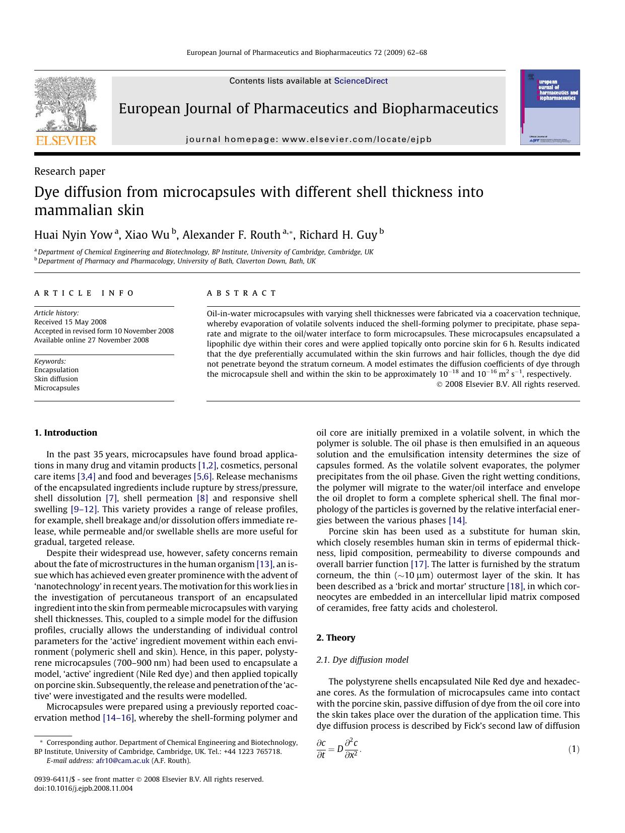 Dye diffusion from microcapsules with different shell thickness into mammalian skin by Huai Nyin Yow; Xiao Wu; Alexander F. Routh; Richard H. Guy