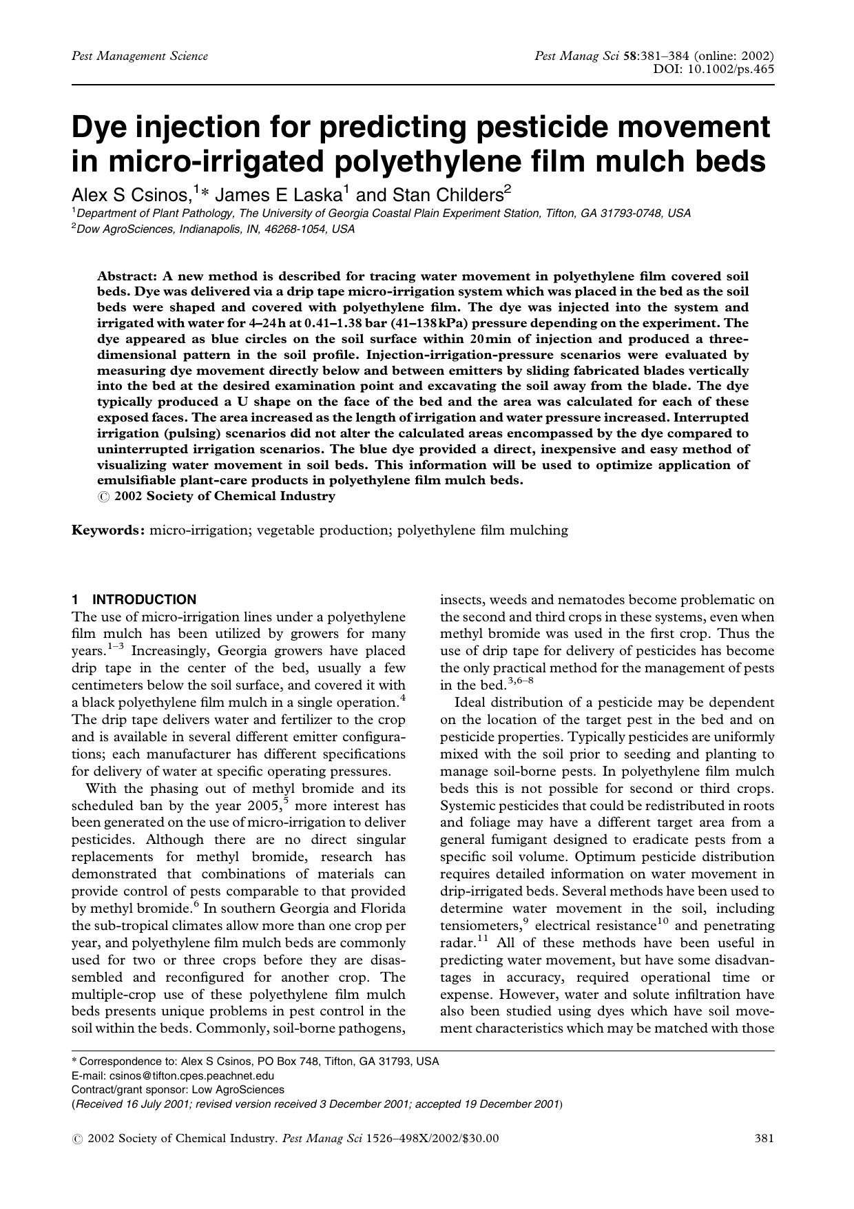 Dye injection for predicting pesticide movement in micro-irrigated polyethylene film mulch beds by Unknown