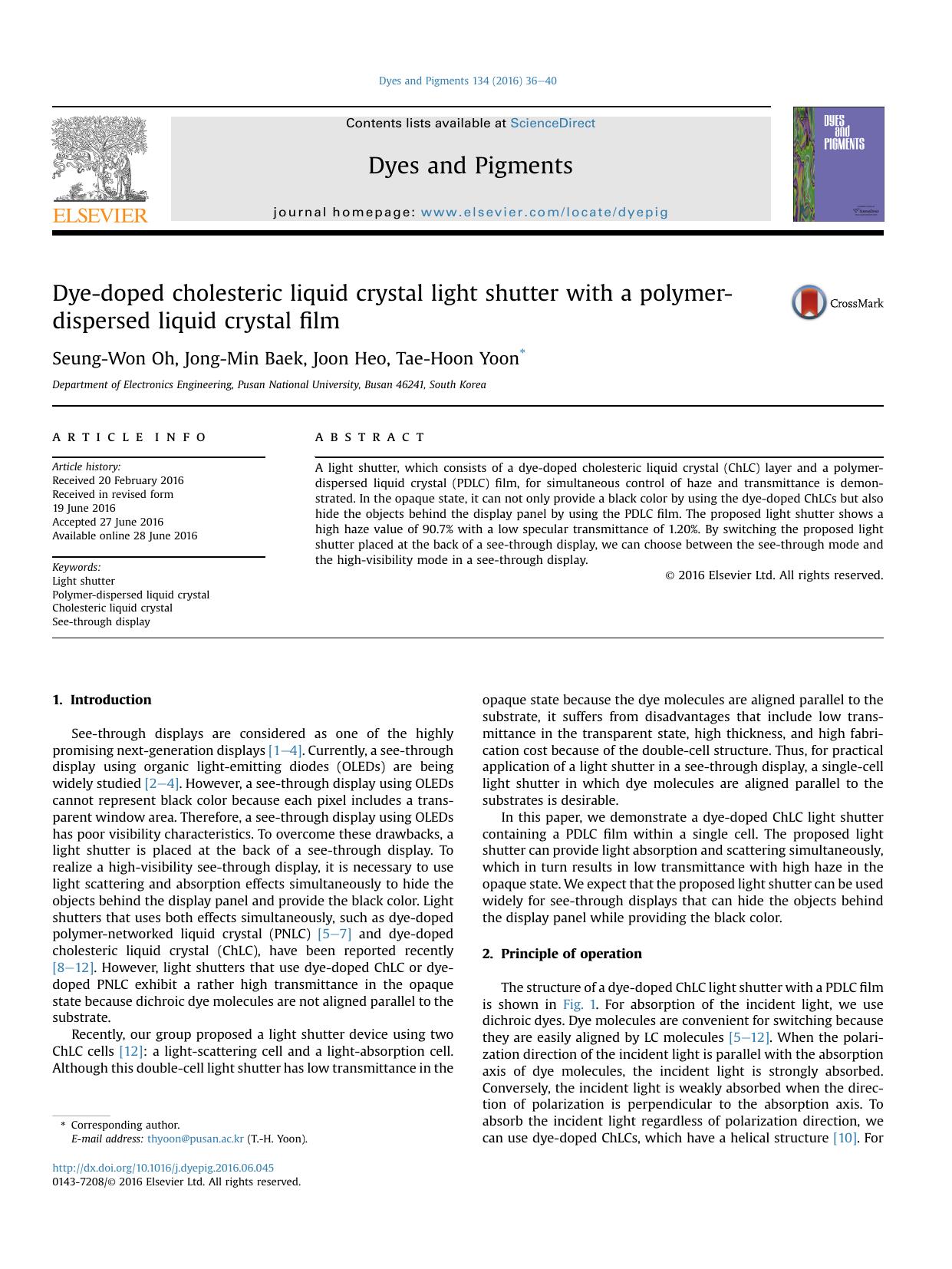 Dye-doped cholesteric liquid crystal light shutter with a polymer-dispersed liquid crystal film by Seung-Won Oh & Jong-Min Baek & Joon Heo & Tae-Hoon Yoon