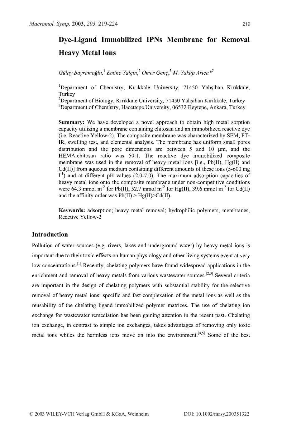 Dye-ligand immobilized IPNs membrane for removal heavy metal ions by Unknown