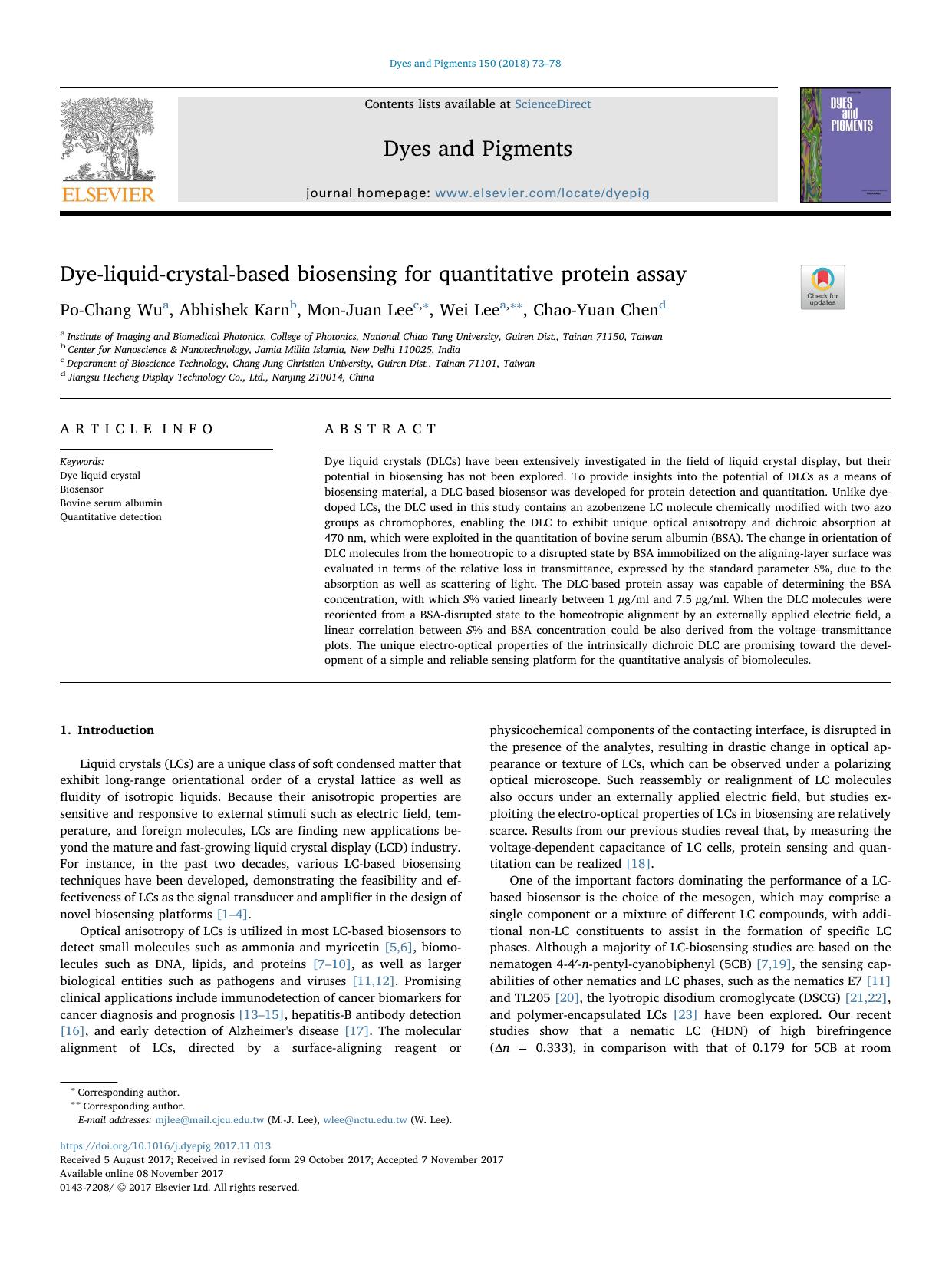 Dye-liquid-crystal-based biosensing for quantitative protein assay by Po-Chang Wu & Abhishek Karn & Mon-Juan Lee & Wei Lee & Chao-Yuan Chen