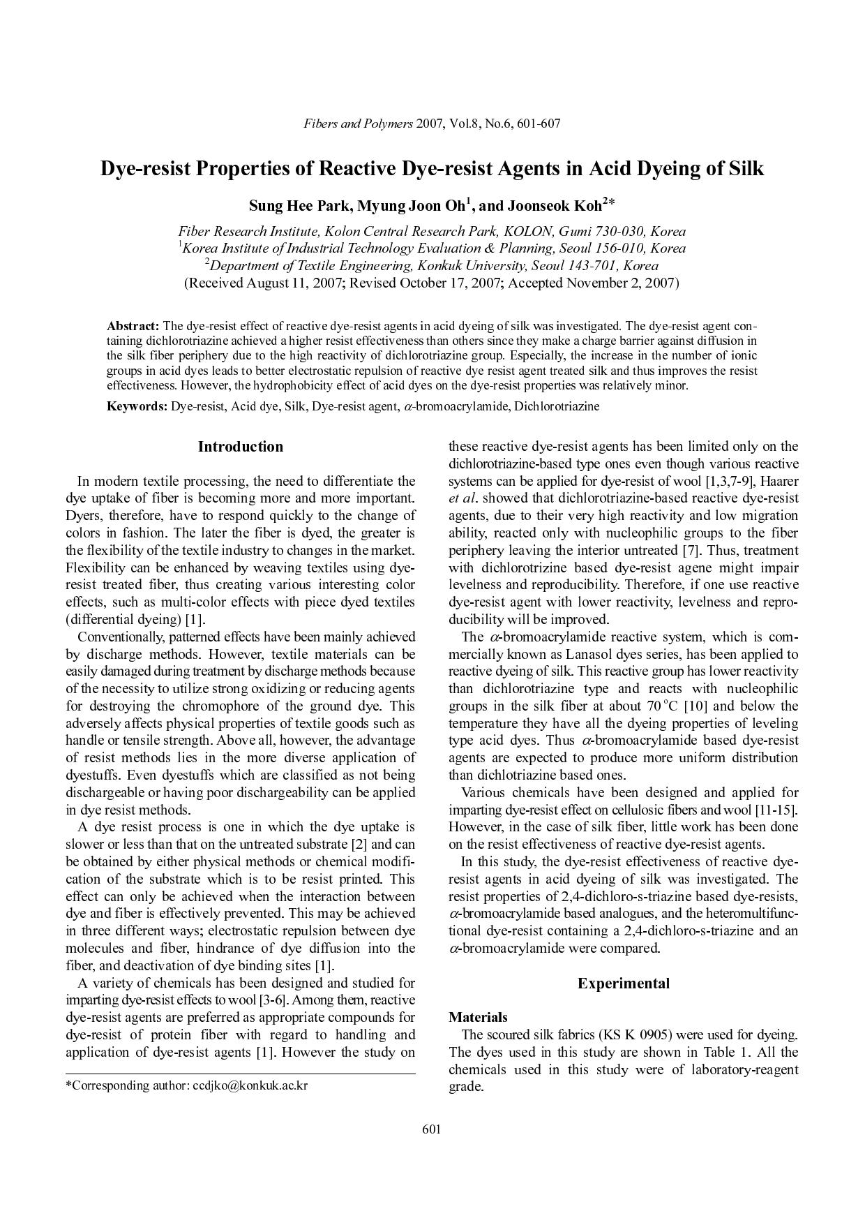 Dye-resist properties of reactive dye-resist agents in acid dyeing of silk by Unknown