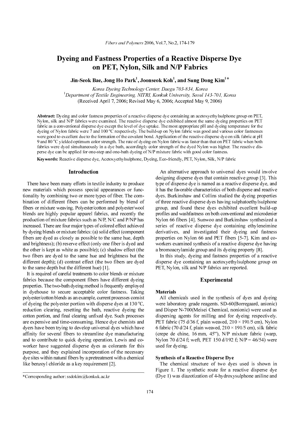 Dyeing and fastness properties of a reactive disperse dye on PET, nylon, silk and NP fabrics by Unknown