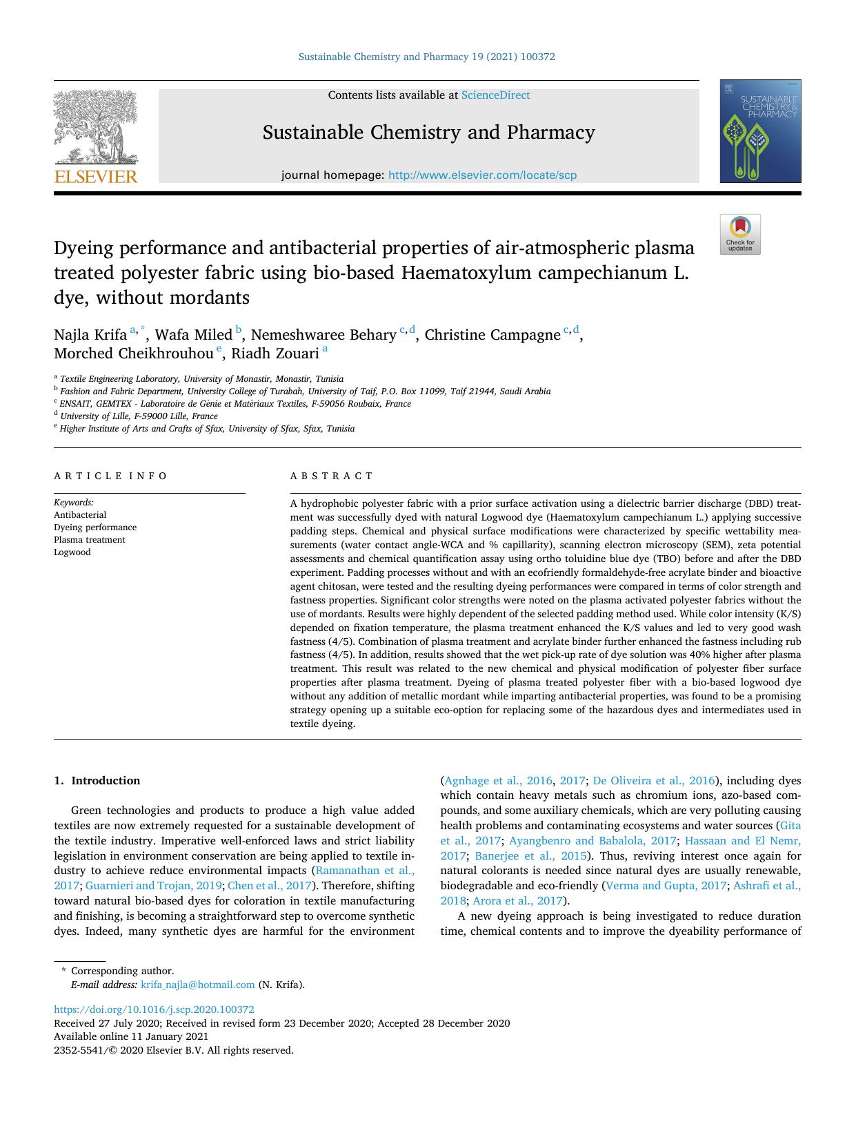 Dyeing performance and antibacterial properties of air-atmospheric plasma treated polyester fabric using bio-based Haematoxylum campechianum L. dye, without mordants by unknow