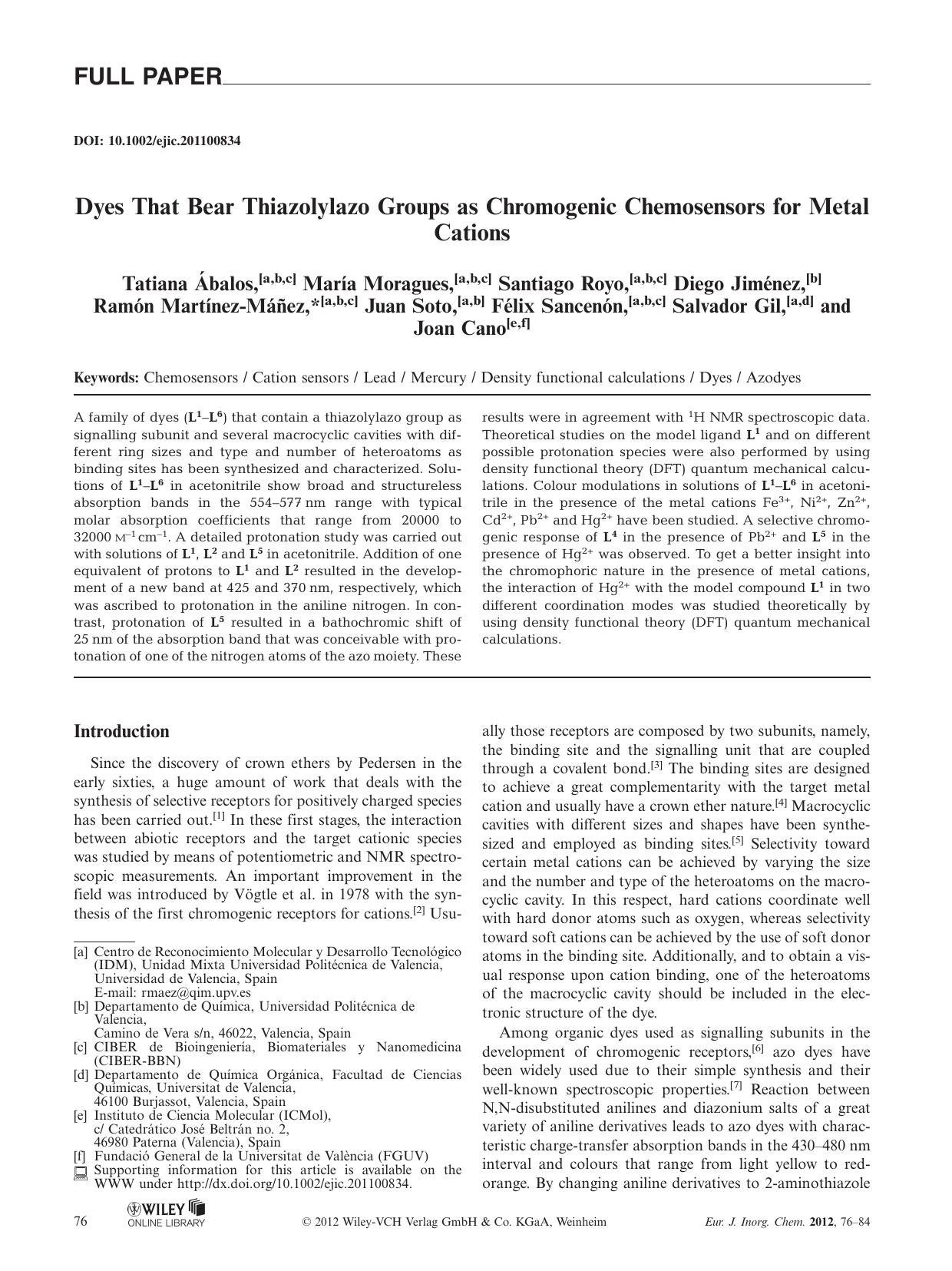 Dyes That Bear Thiazolylazo Groups as Chromogenic Chemosensors for Metal Cations by Unknown