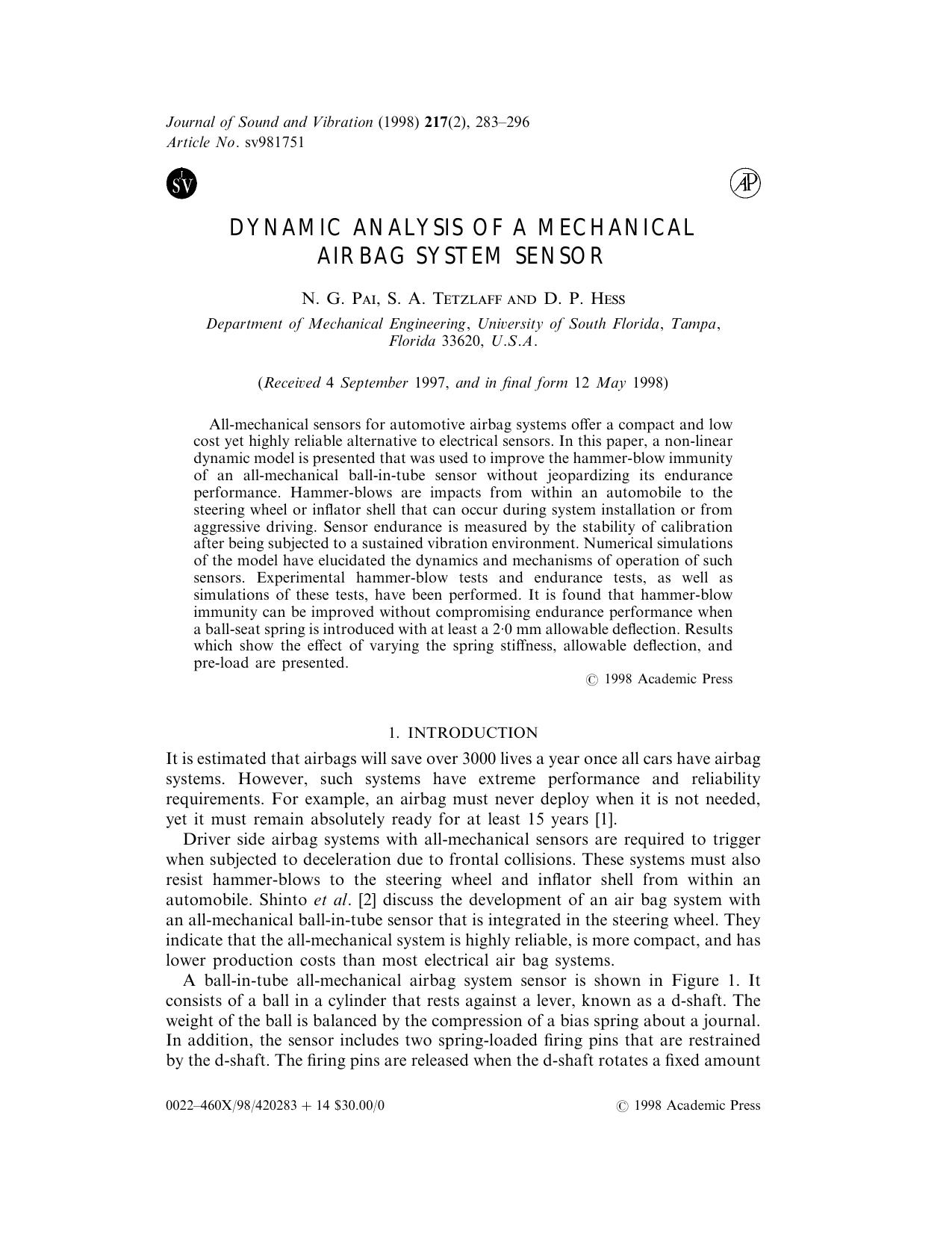 Dynamic Analysis of a Mechanical Airbag System Sensor by Pai N. G. et al