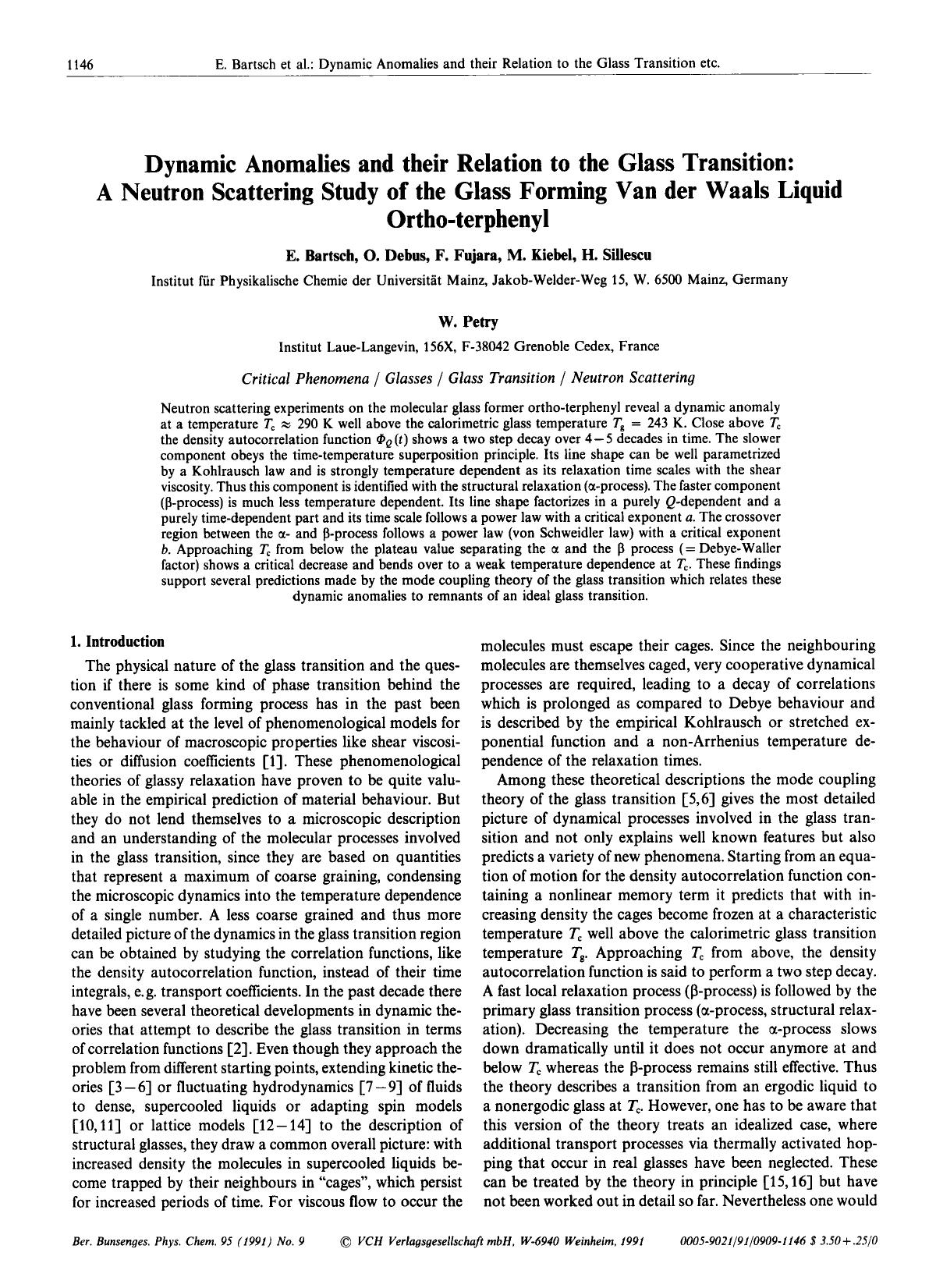 Dynamic Anomalies and their Relation to the Glass Transition: A Neutron Scattering Study of the Glass Forming Van der Waals Liquid Ortho-terphenyl by Unknown