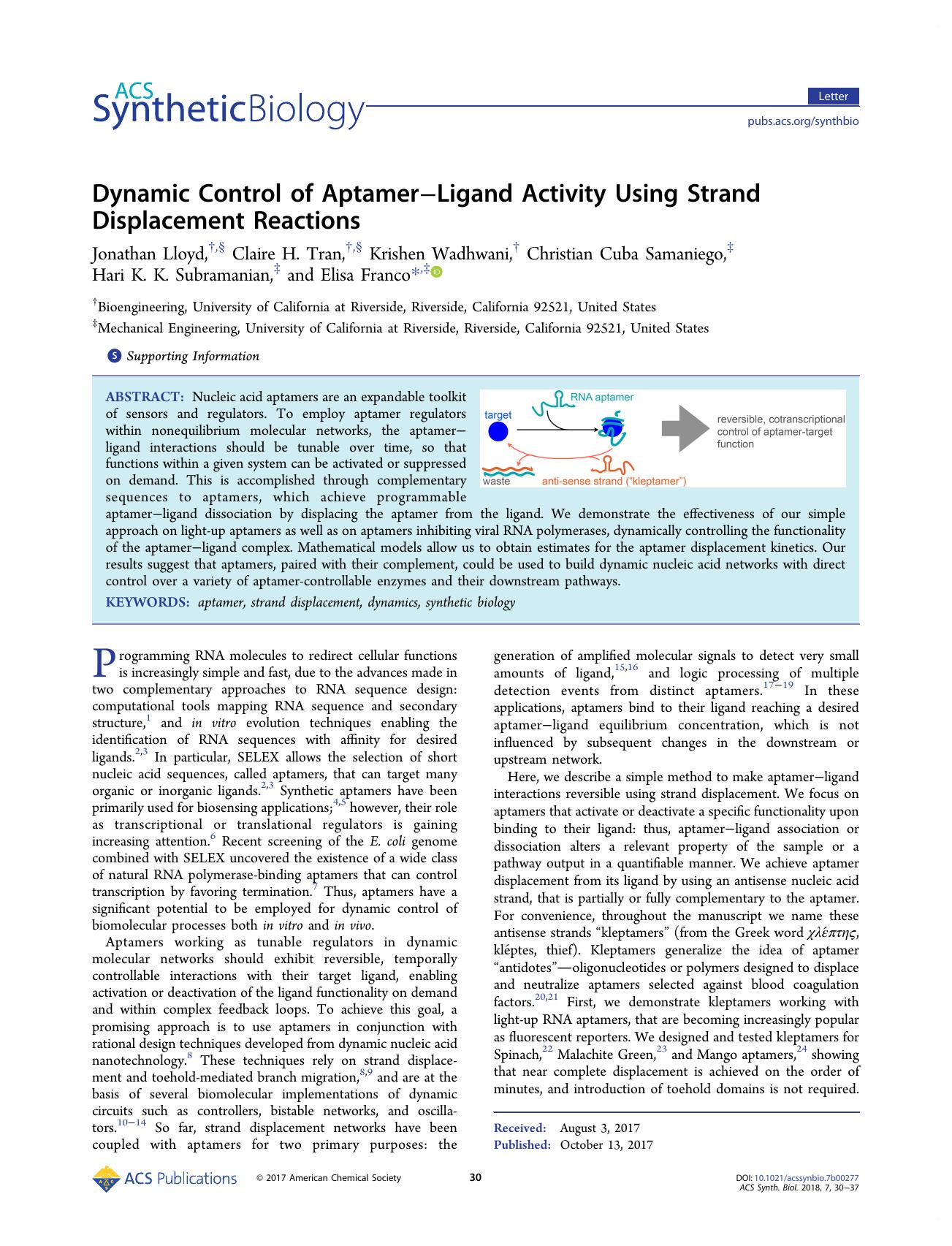 Dynamic Control of AptamerâLigand Activity Using Strand Displacement Reactions by unknow